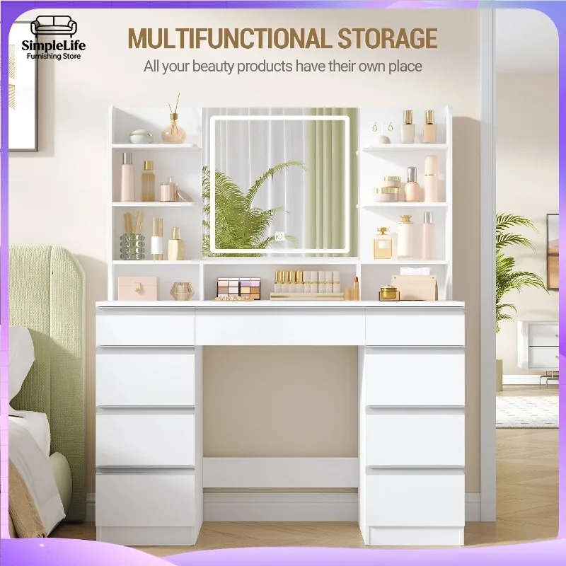 LED Dressing Table with Large Mirror Adjustable Brightness Vanity Desk Featuring One Large Drawer and Eight Small Drawers