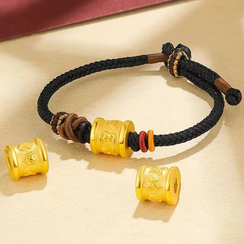 

Real 24K Yellow Gold Bracelet For Women Men 3D Six Sutra Bead Black String 16-18cm Length