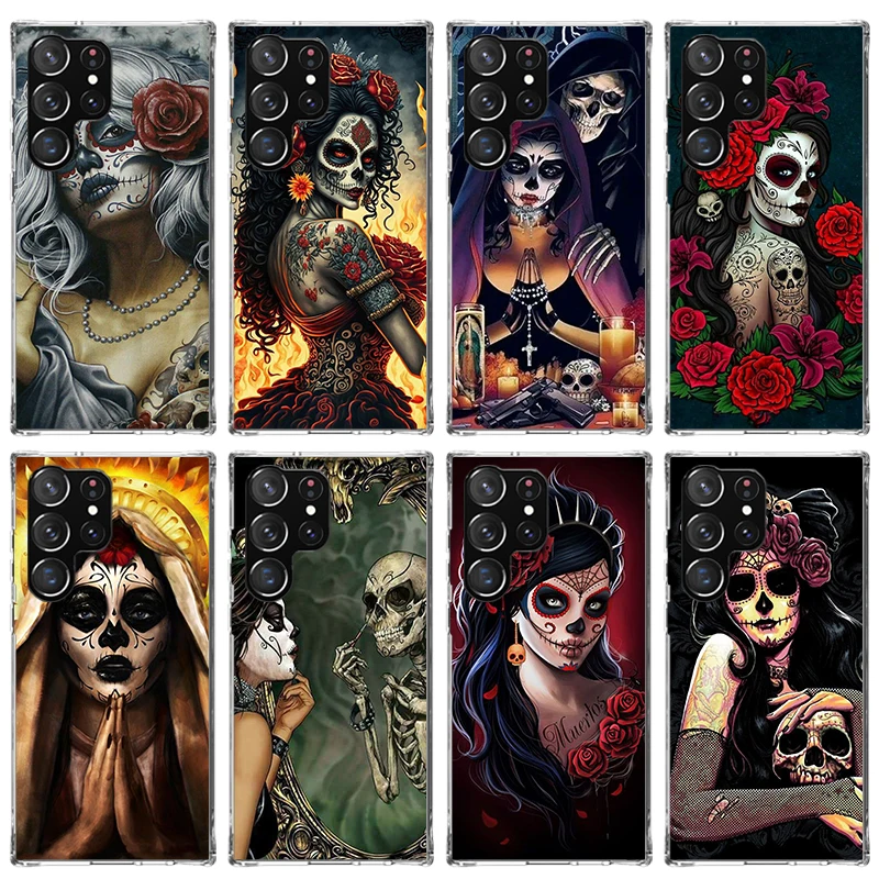 Catrina Beautiful Rose Girl Skull Phone Case For Samsung Galaxy S23 S24 Ultra S22 + S21 Plus S20 FE Cover S10E S10 S9 S8 Silicon