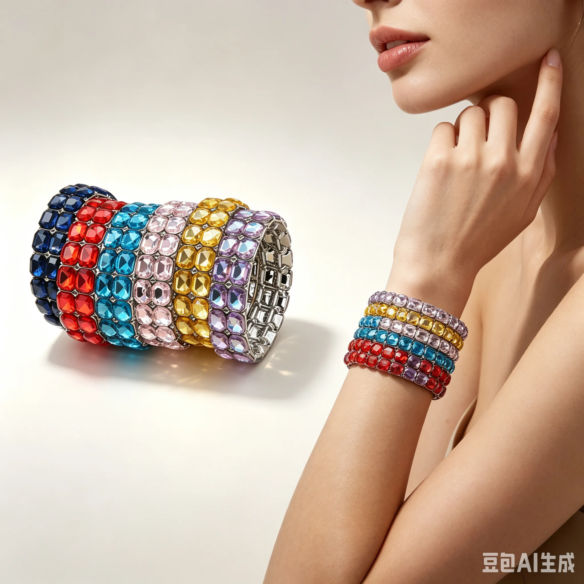 Europäisches und amerikanisches Retro-Doppelreihen-Armband mit geometrischen Formen aus Legierung und Kristallen, elastisch, für Damen, Party, Modeschmuck – Detail 1