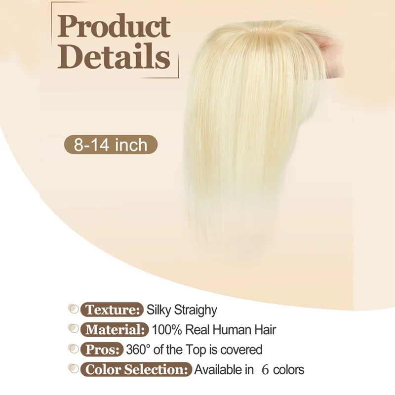 Womens Human Hair Enhancement Topper Bangs Style 360 Full Coverage Gray Hair Cover Accessory Clip In One Piece 20G Design 5x9cm Base 20 25 30cm Lengths view 3