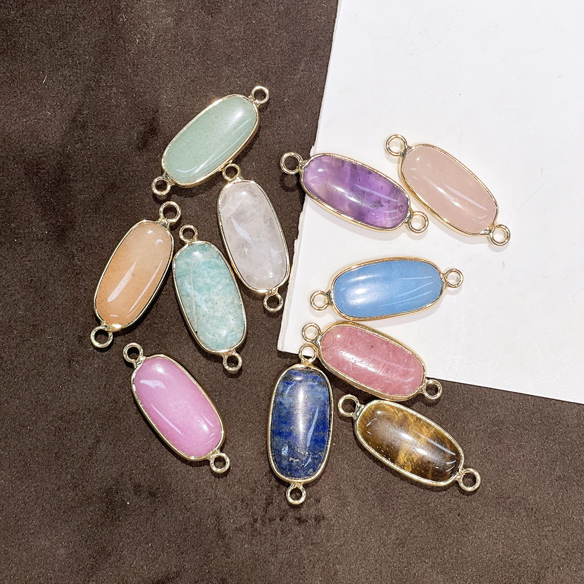 5PCS/Set 11x30mm Oval Connector Pendant Random-Colored Natural Crystal Quartz Charms for Jewelry Making DIY Necklaces Bracelets
