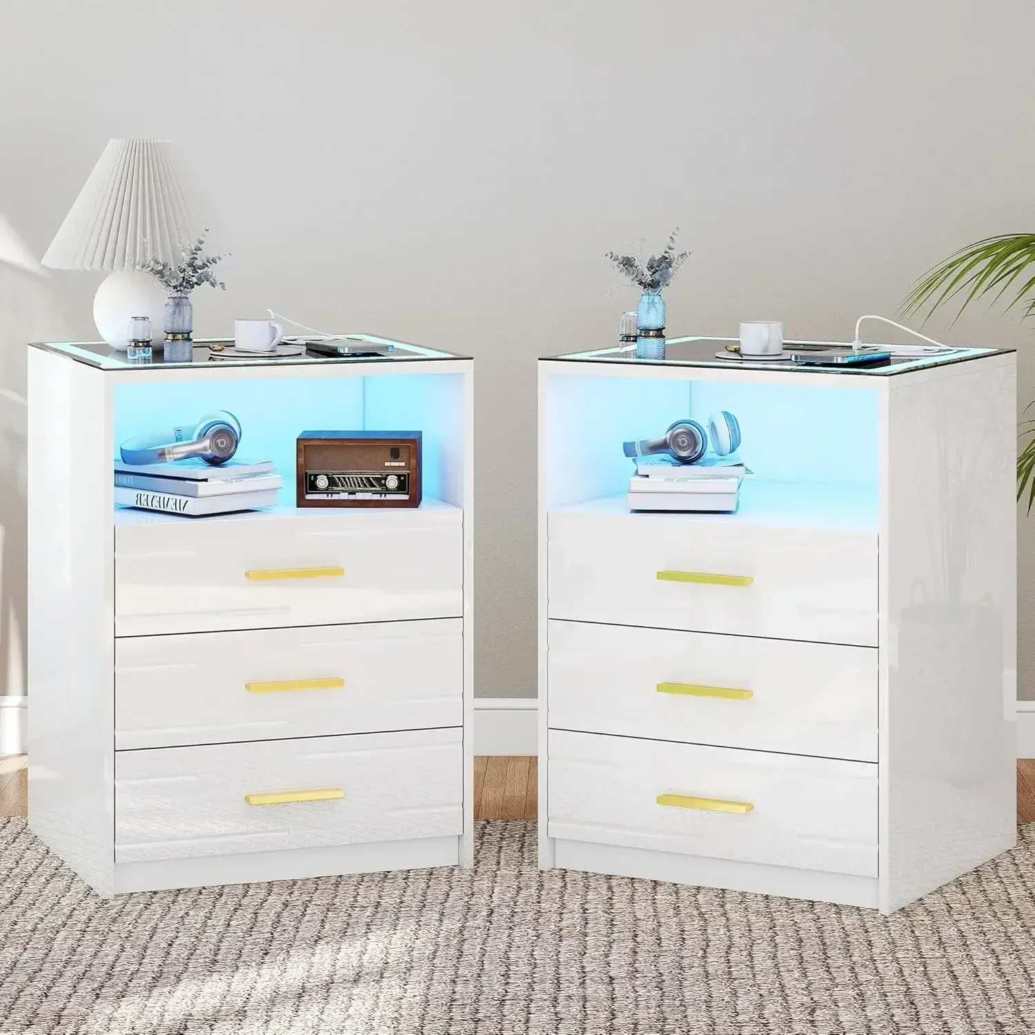 BestsellerBestsellerBestsellerEnvironmental Smart LED Bedside Table Set 2 USB Charging Station 3 Drawers High Gloss Surface 3 Co