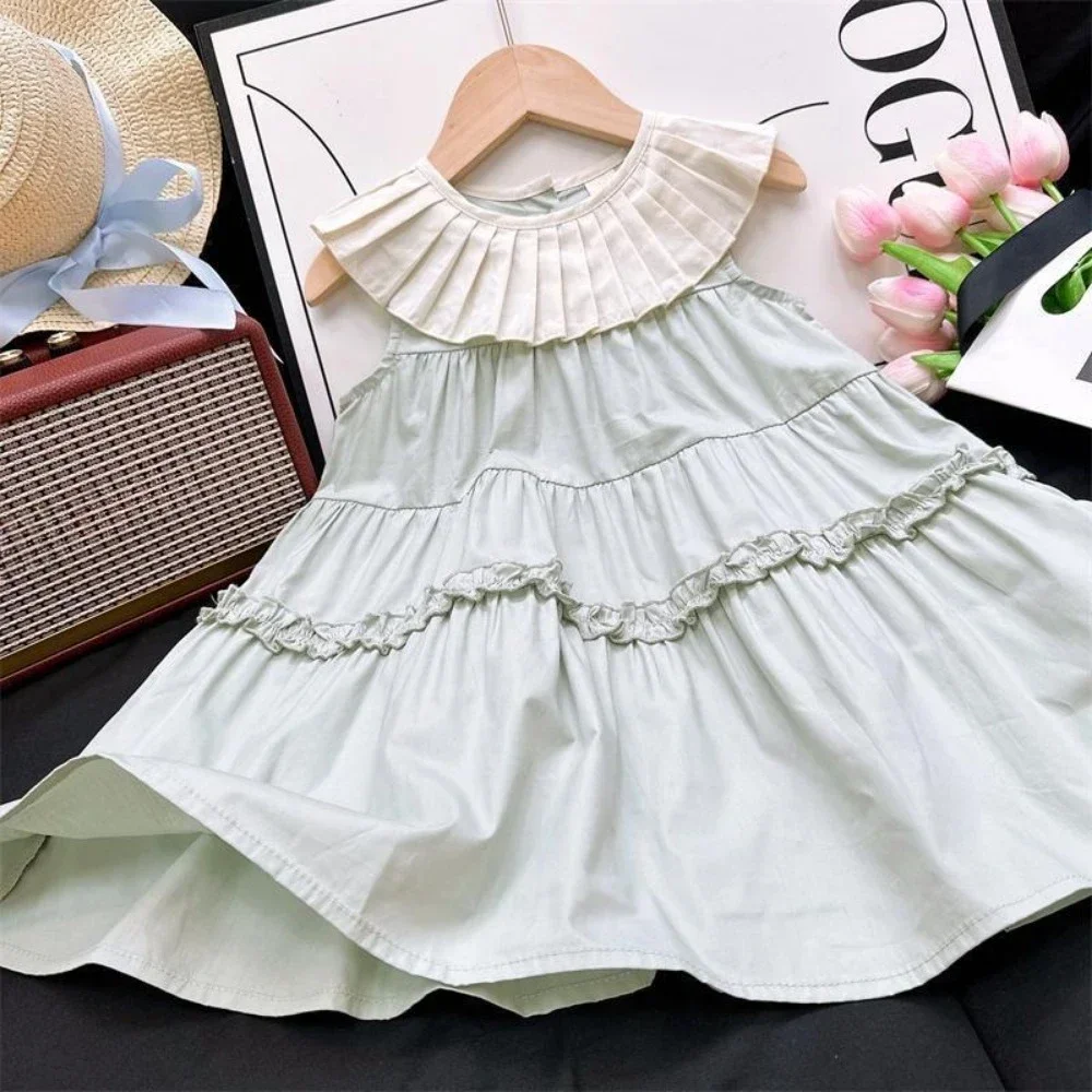 Summer New Lapel Girls Dress Pleated Patchwork Princess Cake Dresses Korean Version Plain Color Simple Children's Clothing