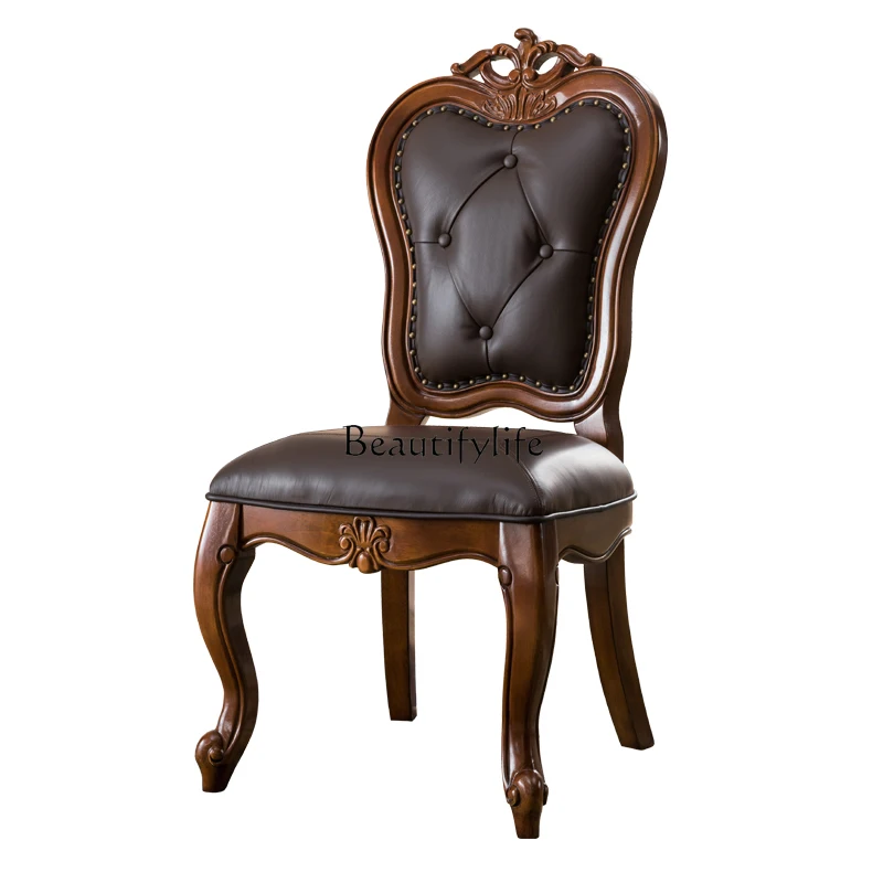 

American Style Solid Wood Dining Room Leather Armchair Study Room European Style casual Cowhide Backrest Chair