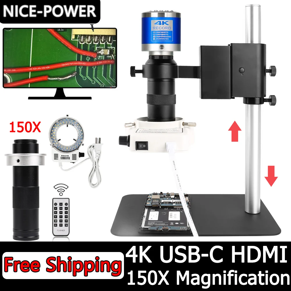 1080P 4K FULL HD Industrial Microscope C-Mount Digital Camera Via USB-C Measurement For PCB Soldering Phone Repair, 150X Lens