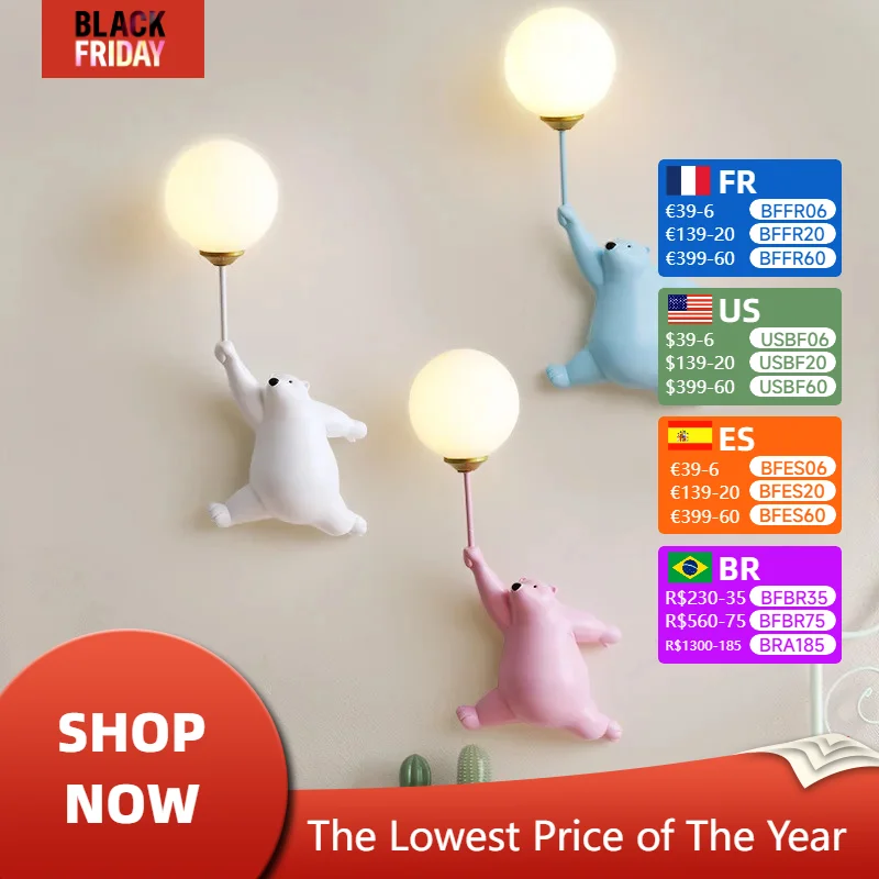 Art Creative Teddy Bear Cartoon Wall Lamps for Children's Bedroom Bedside Background Sconce Led Lights Home-appliance Decoration