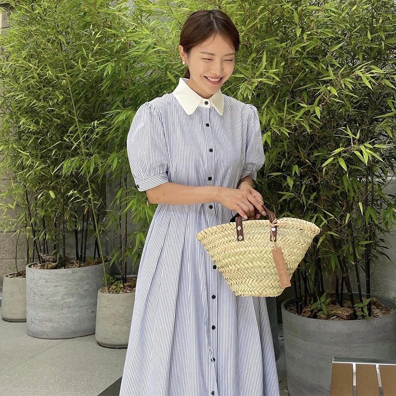 Retro Striped Waist-Cinching Long Dr Women's Ele Summer Slimming Midi Dr Bubble Sve irt Collar Single Button