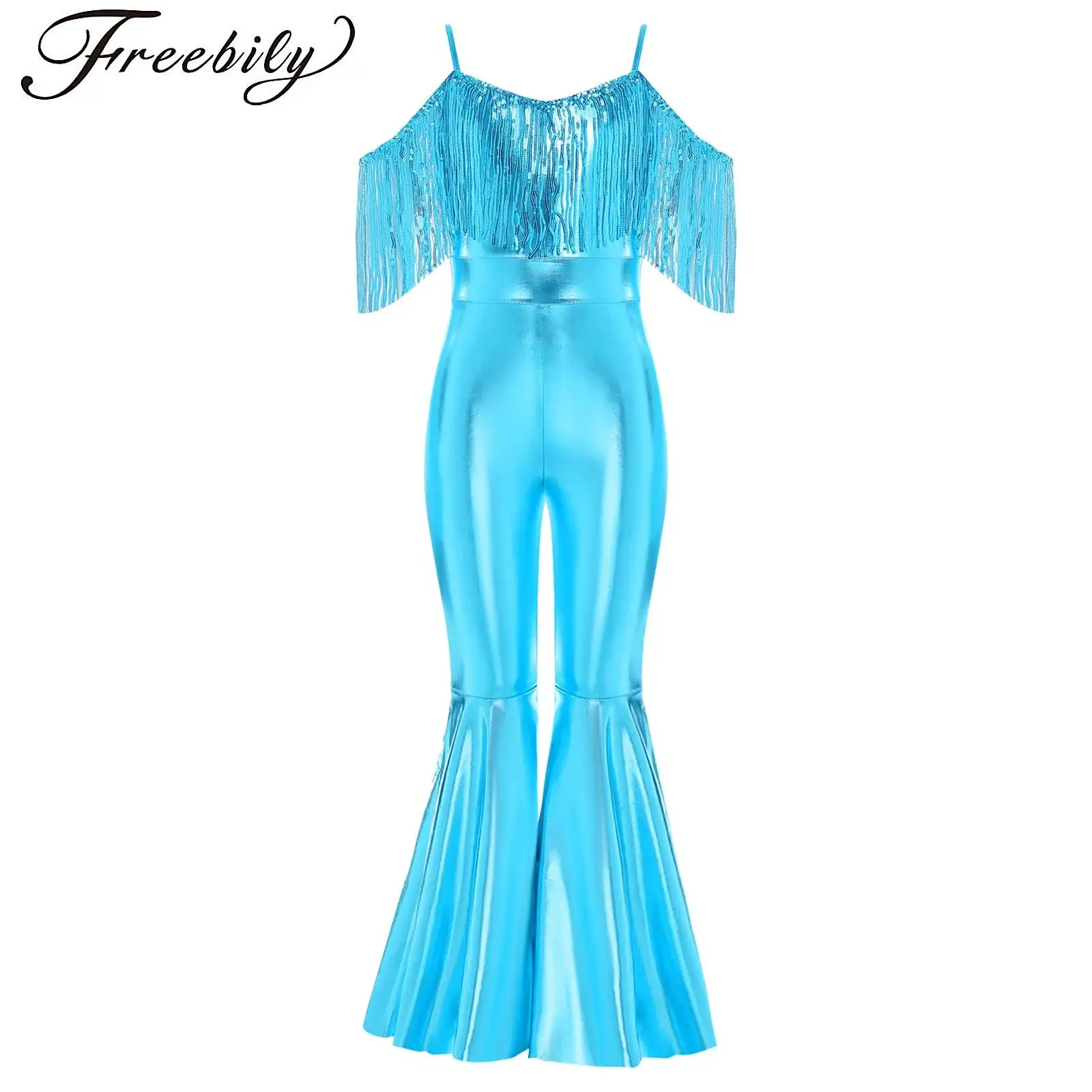 

Girls Sparkly Sequin Jumpsuit Spaghetti Strap Sleeveless Tassels High Waist Metallic Bell-bottom Bodysuit Banquet Pageant Gowns
