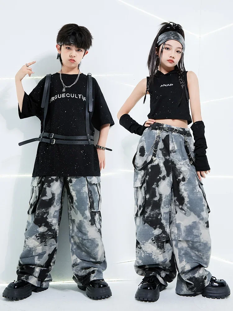 

Girls Hip Hop Dance Clothes for Kids Modern Jazz Costume Black Tops Camo Pants Boys Street Dance Rave Performane Outfits Sets