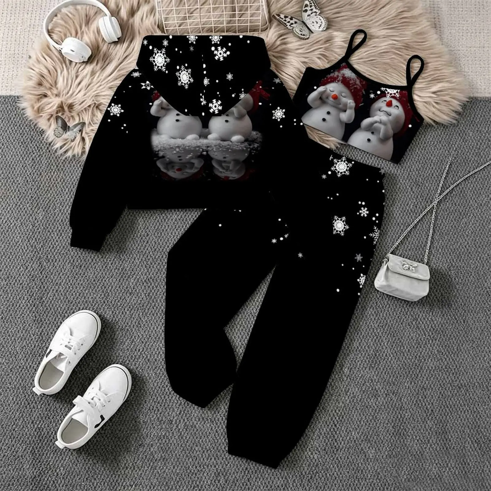 Autumn Winter Girls Hooded Outwear Christmas Print Three-Piece Set Fashion Tank Tops Kids Jogging Pants Trendy Long Sleeve
