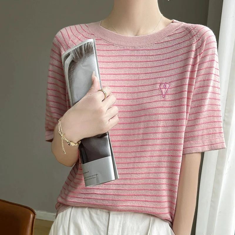 Summer Thin Silk Short Sleeve round Neck T-Shirt Women's Base Shirt Half Sleeve Top Heavy Embroidery Striped Commute Style