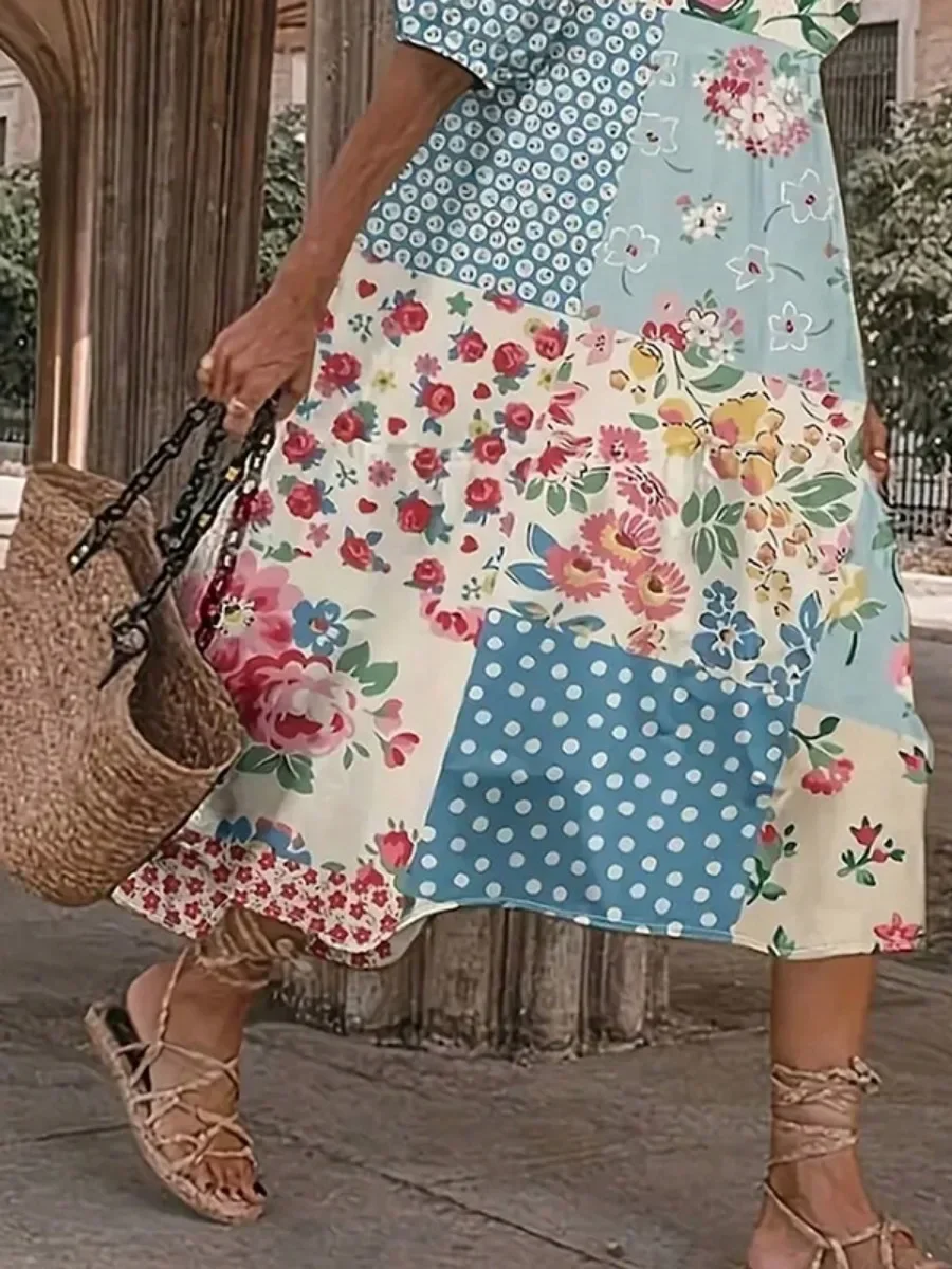 Lemongor Zomer Mode Bloemenprint Polka-Dot Avondjurken Vrouwen Halve Mouwen Losse Elegante Britse Stijl Jurk 2024 Nieuwe