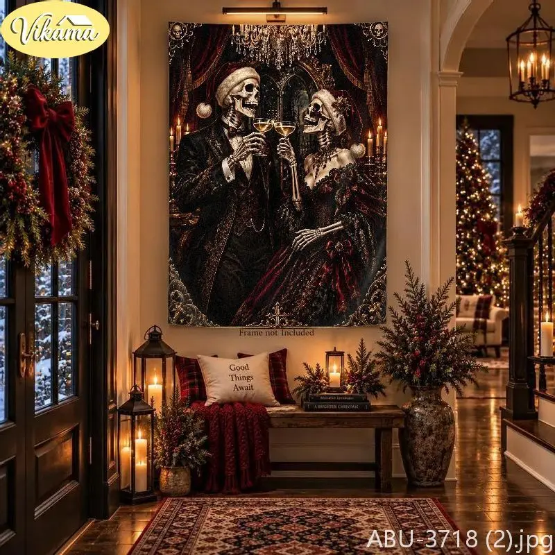 VIKAMA Morbid Yule Cranium Candelabrum Snowflake Gilded Wall Tapestry Shadowy Victorian Ornate Ebony Opulence Festal Room Home
