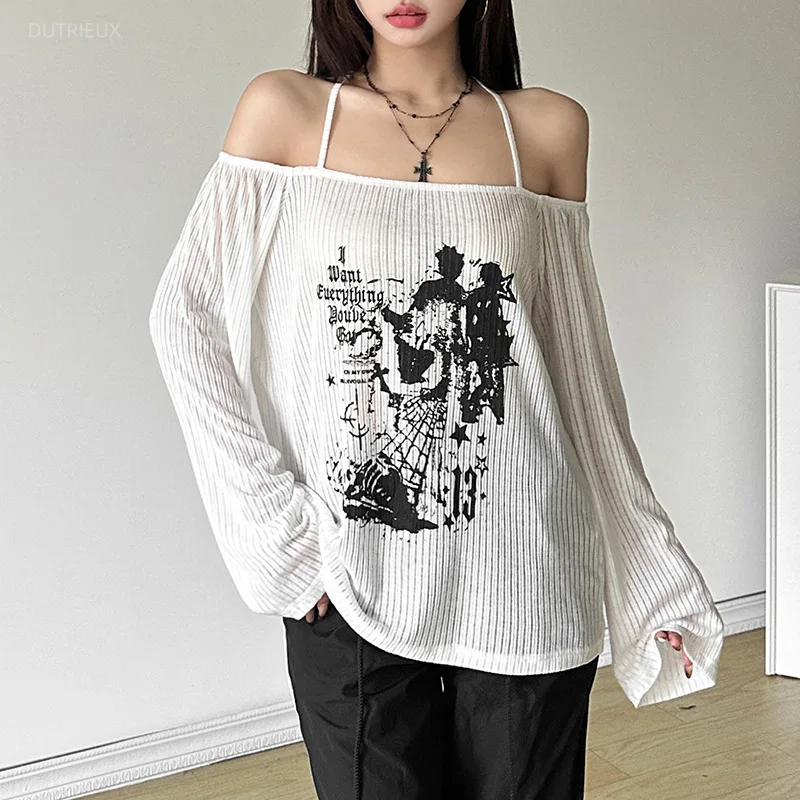 Spring Autumn Y2k Transparent T Shirt For Women Print Vintage Slash Neck Loose Ropa De Mujer Sexy Casual Camisetas