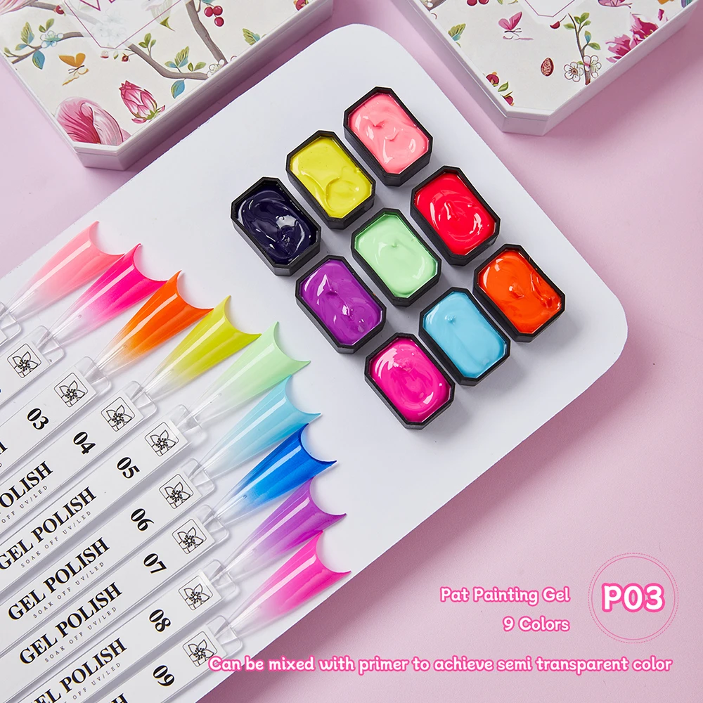 Vendeeni 9 Grid Fluorescence Crystal Patting Painting Gel Nail Polish UV LED Soak Off Colorful Neon Pat Gel Lacquer Palette