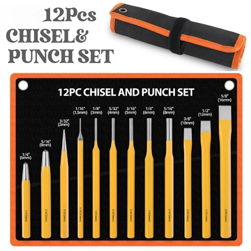 12 PCS 1 set Punching Chiseling Set Chisel Sharpener Center Punch Stonecutter Chisel Woodworking Punching Tools Accessories