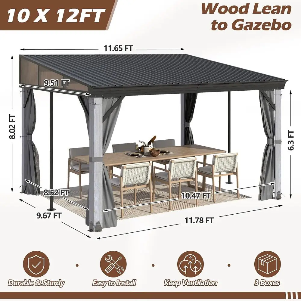 10'x12' Wall-Mounted Hardtop Gazebo with Galvanized Steel Roof for Outdoor Garden Backyard