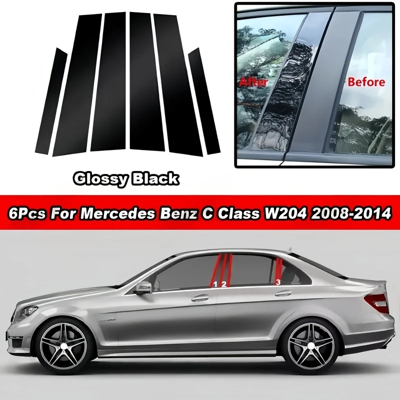 

Для Mercedes-Benz C-класса W204 2008-2014: глянцевые черные накладки на оконные стекла с эффектом зеркала, наклейки на стойки BC, автомобильные аксессуары