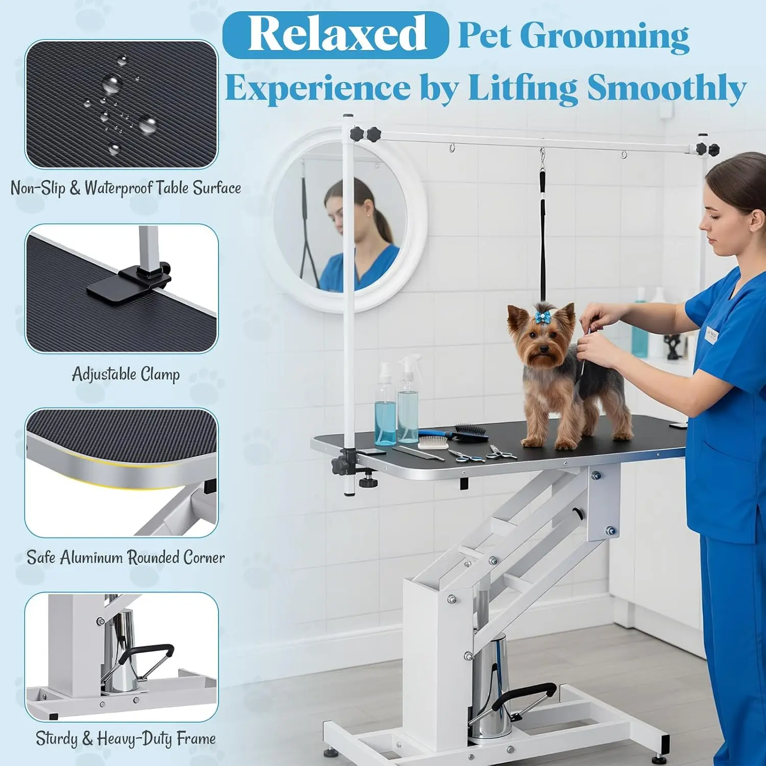 Tacleekii  43.3 in Professional Hydraulic Pet Grooming Table | 350 lbs Max Load, 3 Adjustable Nooses, Height Adjustable 22–39 in