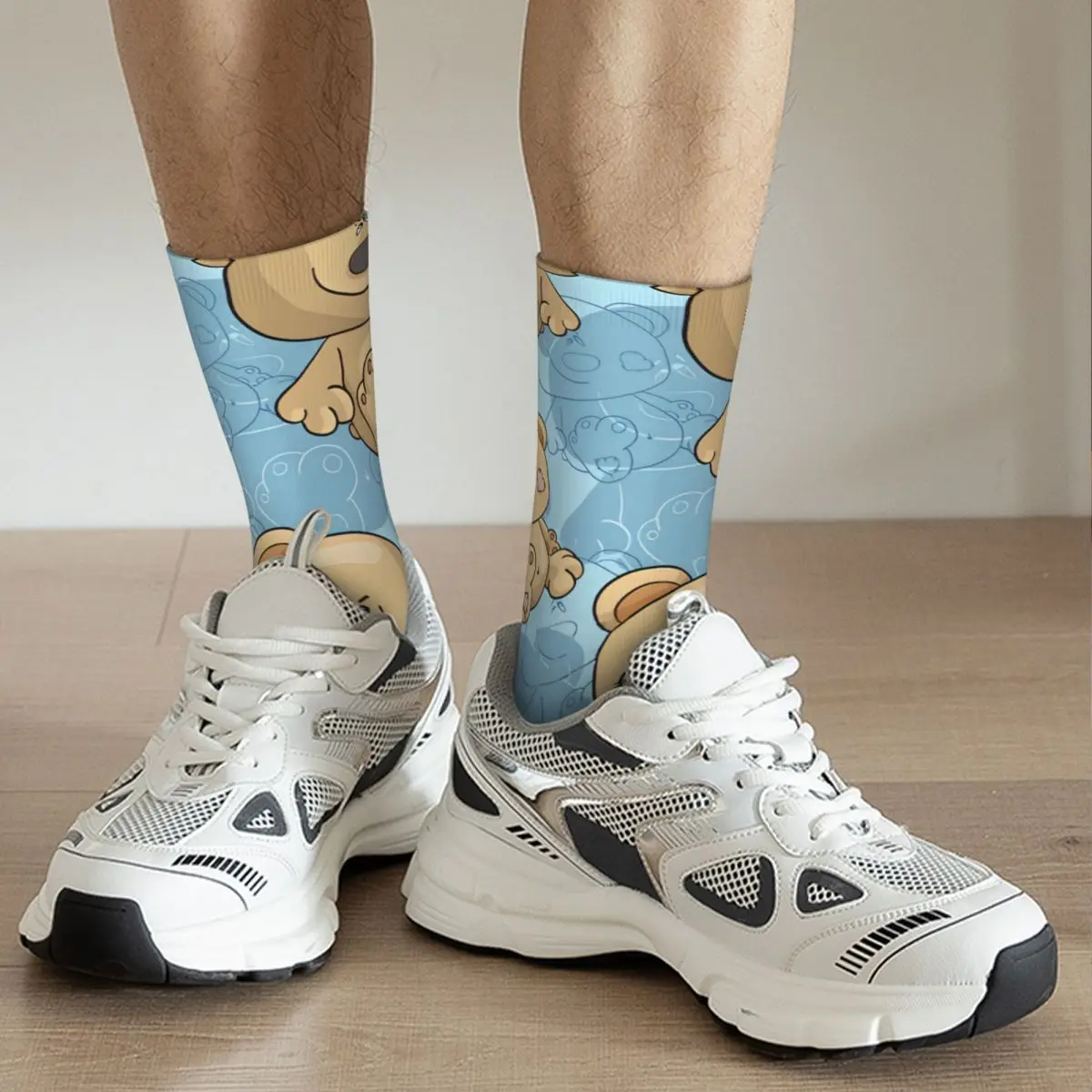 Calzino pazzo per uomo modello orsi su sfondo blu Hip Hop Vintage Teddy Bear stampato ragazzi Crew Sock regalo Casual