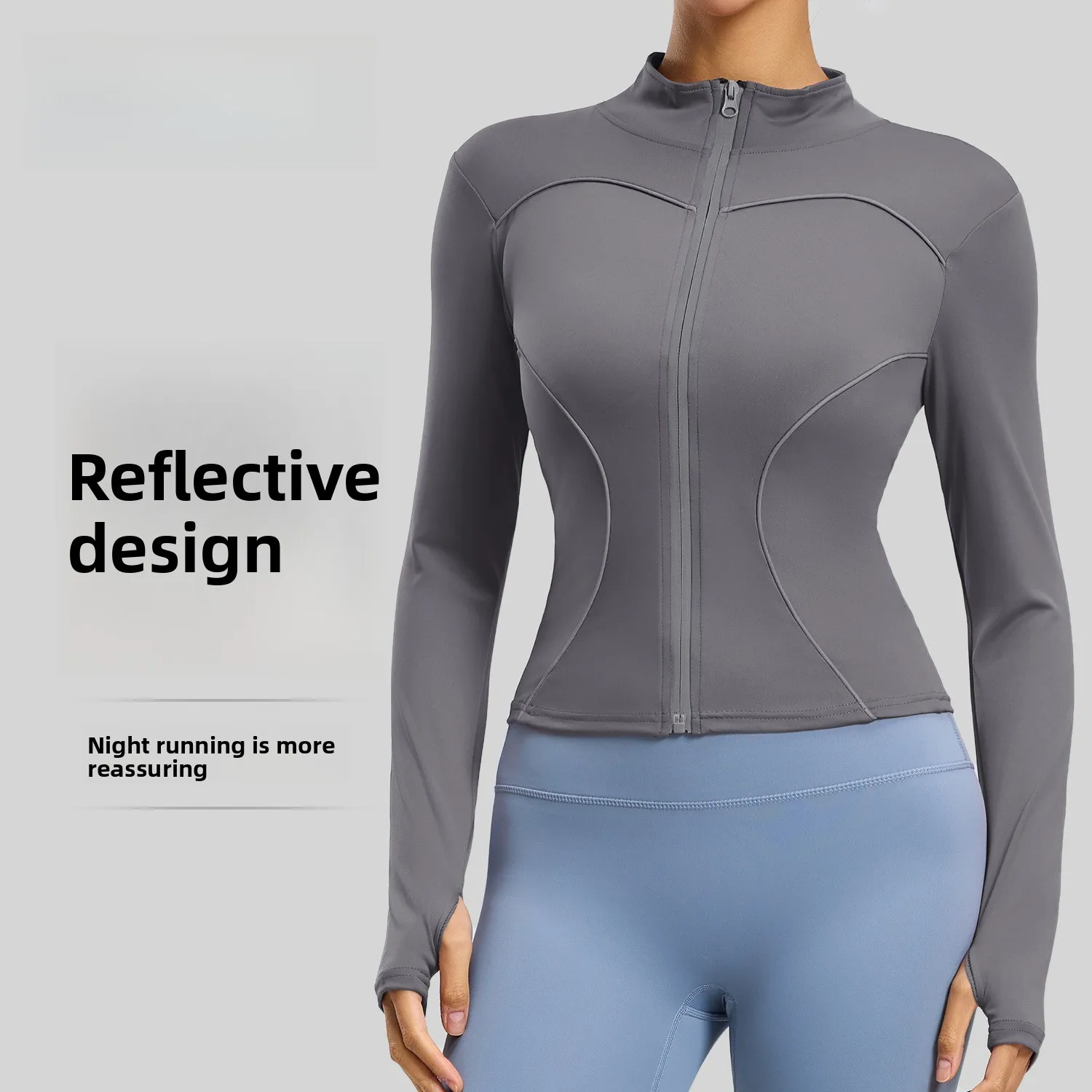 Women Reflective Zip Cropped Yoga Jacket Line Sense Stand Collar Thumb Hole Slim Fit Long Sleeve Gym Night Running Athletic Top