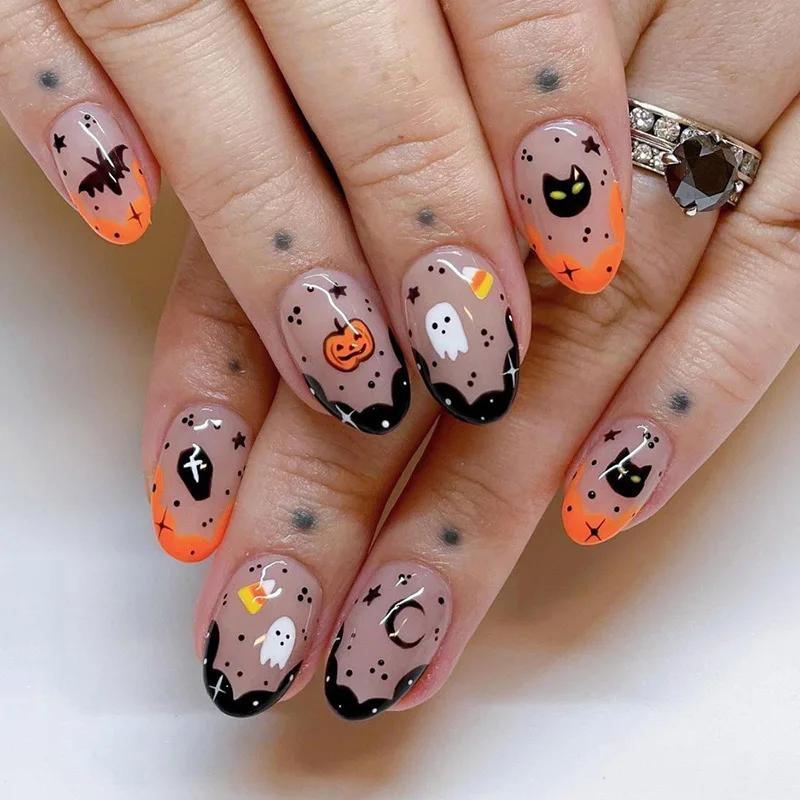 

24Pcs Short Oval Halloween Press-on Nails: Pumpkin Ghost Moon & Star Design for Party False Nail For Women Girl