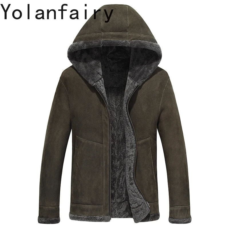 YOLANFAIRY Winter Natural Wool Fur Coat Man Real Sheepskin Leather Jackets Hooded Reversible Genuine Fur Coats Jacket Warm Wear