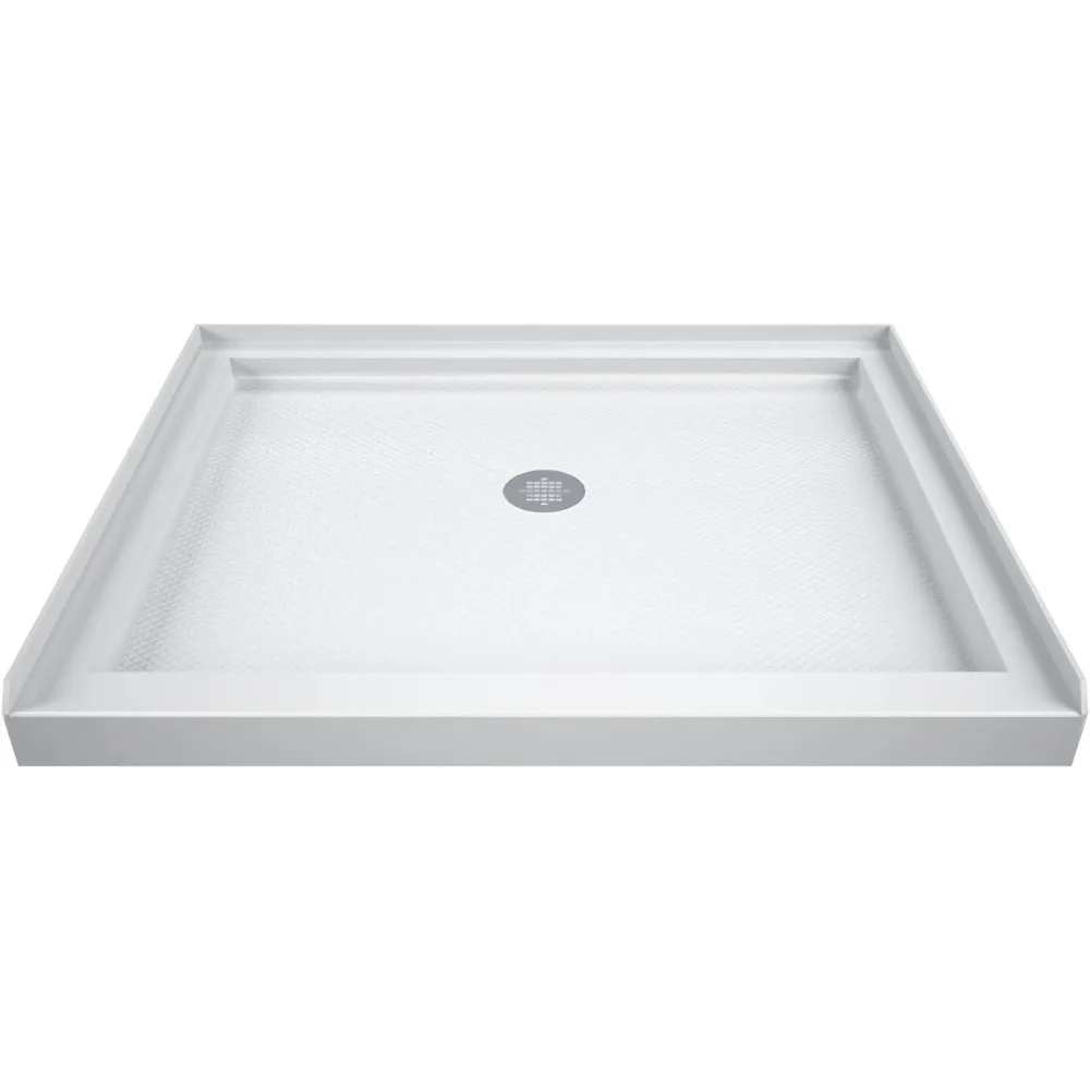 42 inches by 42 inches. Width x 2 3/4 inches. H Center drain single valve shower seat, white