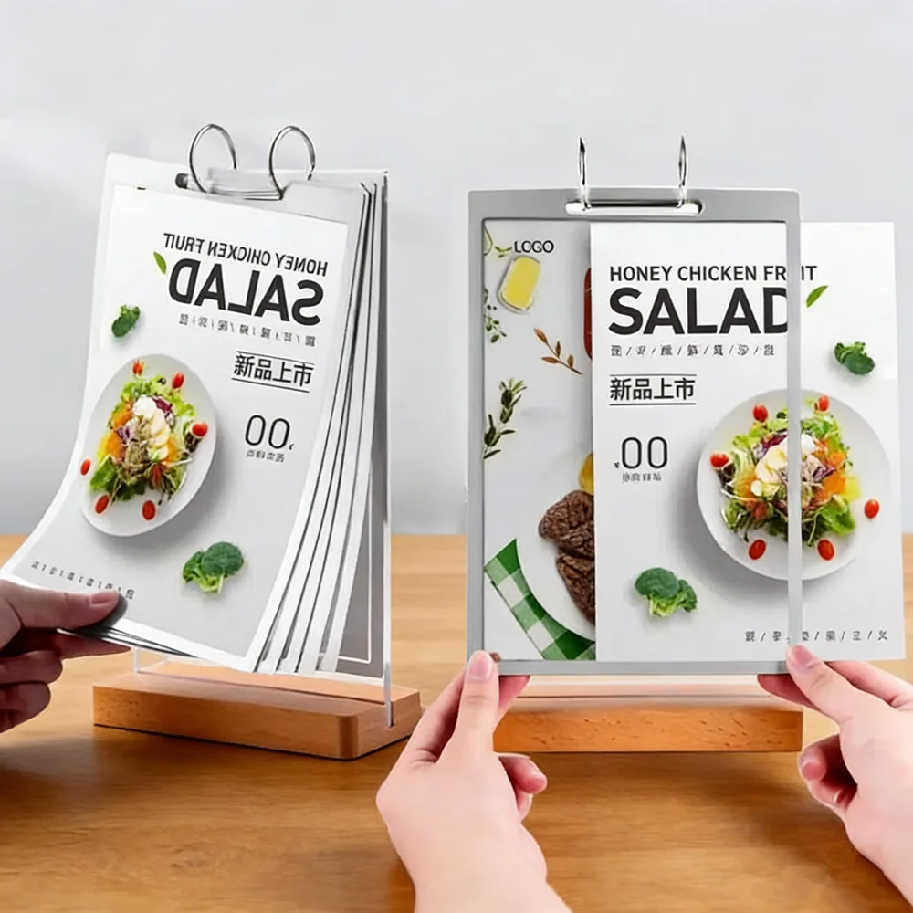 Acrylic Menu Stand Display Stand Flip Board Loose-Leaf Sign Tabletop Price Dining Menu Wooden Table Name Card Flip Page Holder