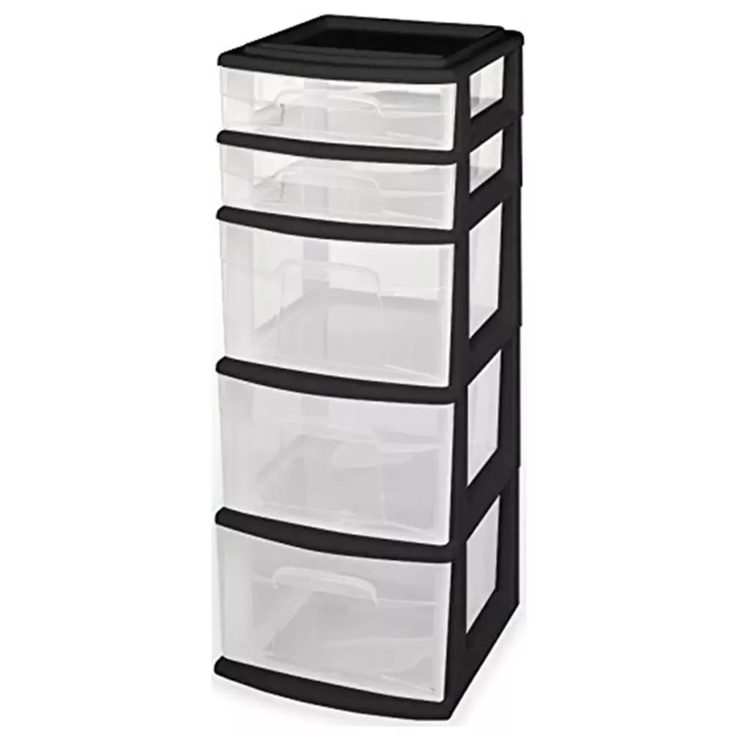 

5 Clear Drawer Medium Home Organization Storage Container Tower with 3 Large Drawers and 2 Small Drawers, Black Frame