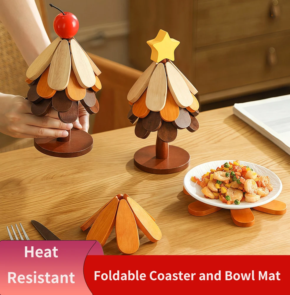Creative Single Tree Solid Wood Heat-Resistant Pot Mat, Foldable Coaster, and Bowl Mat