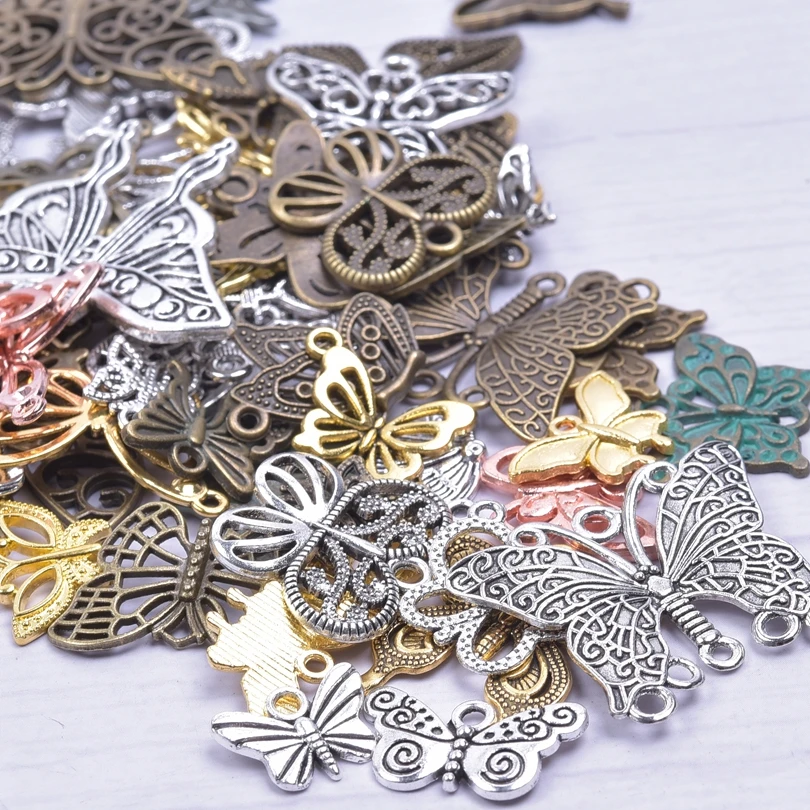 30/50/100Pcs Mix Butterfly Moth Four Tone Pendant Antique Bronze Rose Gold Color Cutout Insect Animal Charm For Making Jewelry