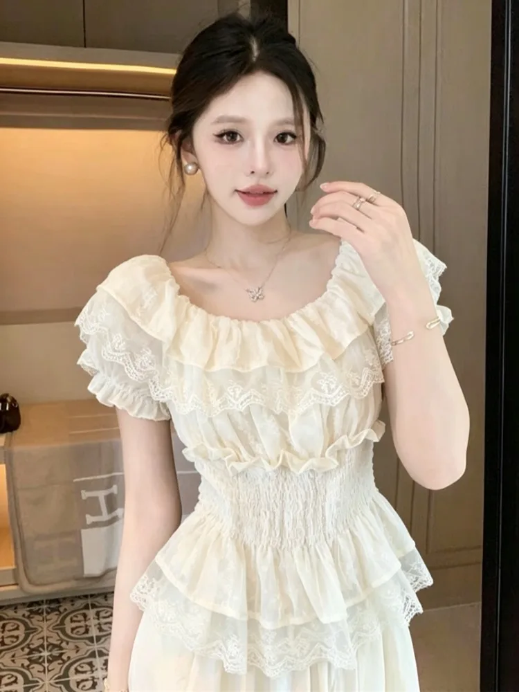 

White Lace Trim Splice One Shoulder Women's Shirt Summer New Sweet And Spicy Waist Cinch Pleated Hem Blouse Gentle Style Stan...