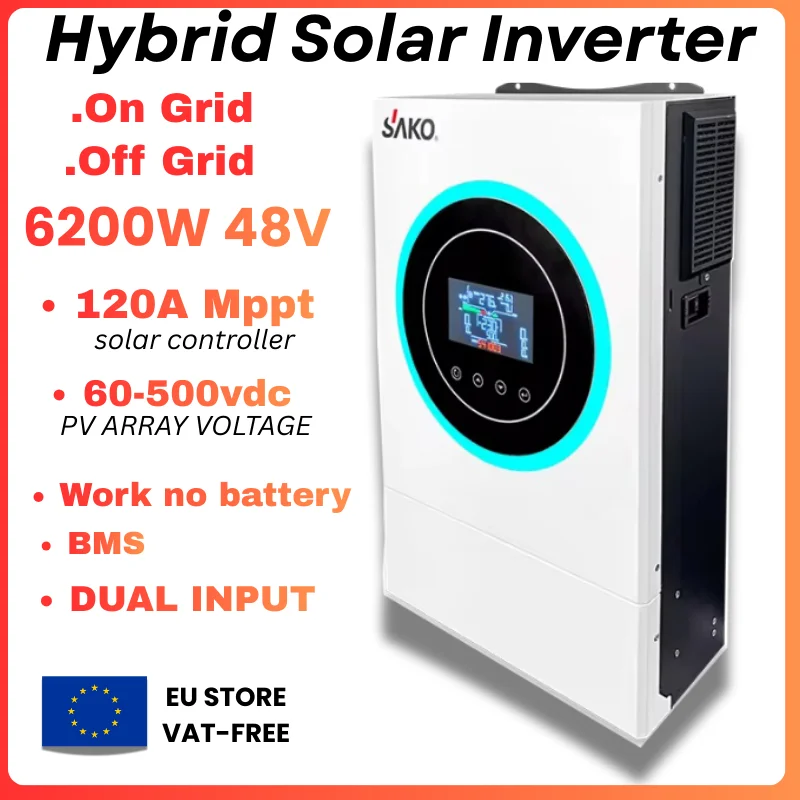 SAKO Sunon V 6,2KVA 6200W 48V Hybrid-Solarwechselrichter, 120A MPPT, 60-450V PV-Eingang, Batterielos, Doppelausgang, BMS, Reine Sinuswelle