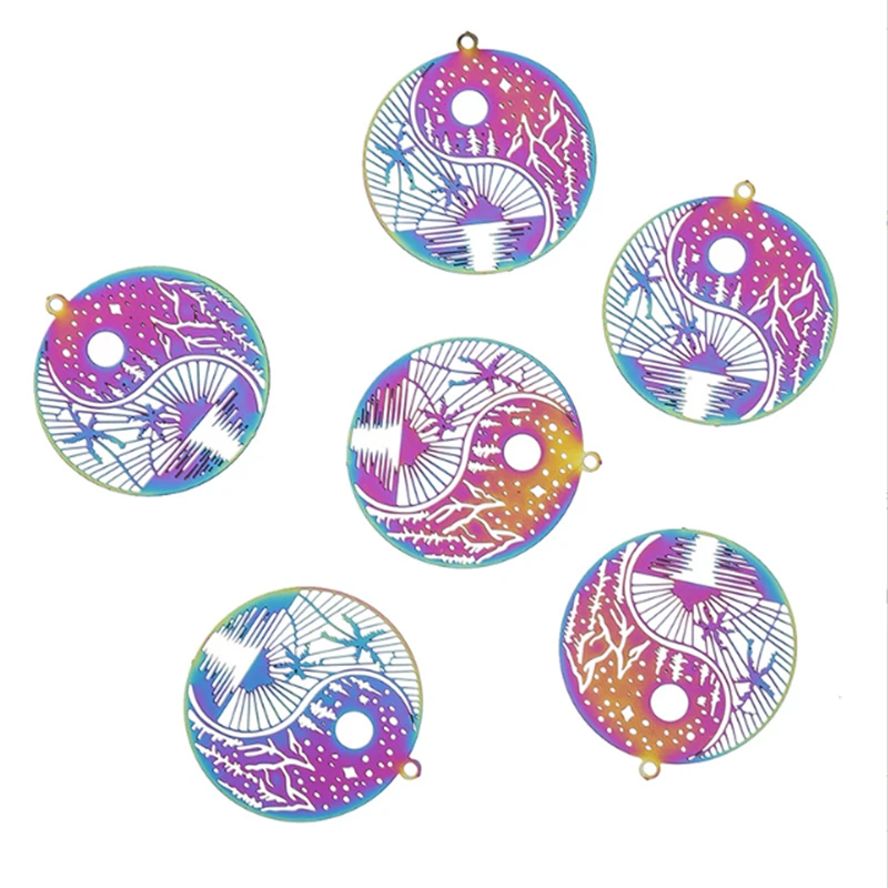 20Pcs/Lot Creative Stainless Steel Colorful Print Hollow Round Charms Connectors DIY for Earrings Jewelry Findings Accessories