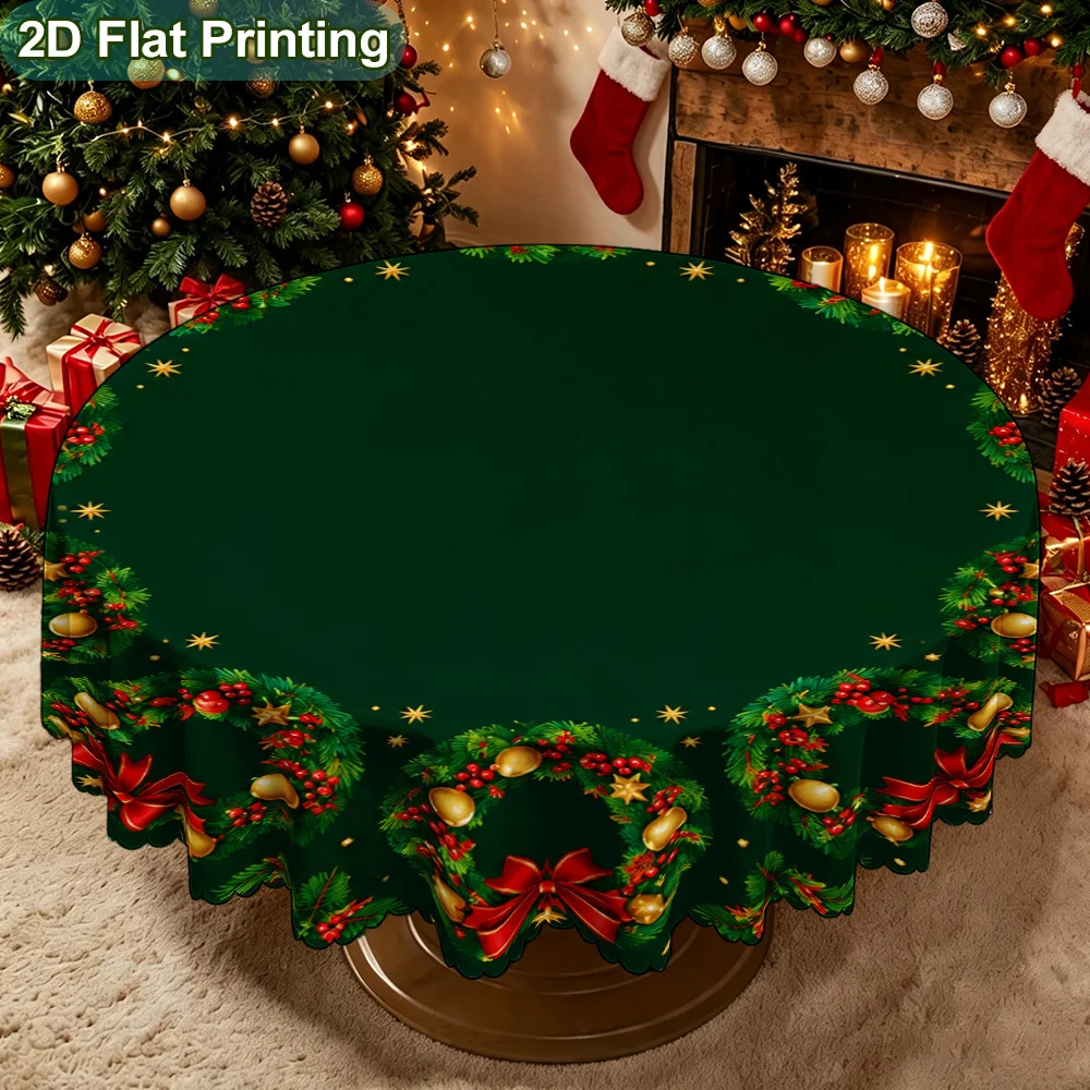 1-Pack Christmas Wreath Printed Round Tablecloth