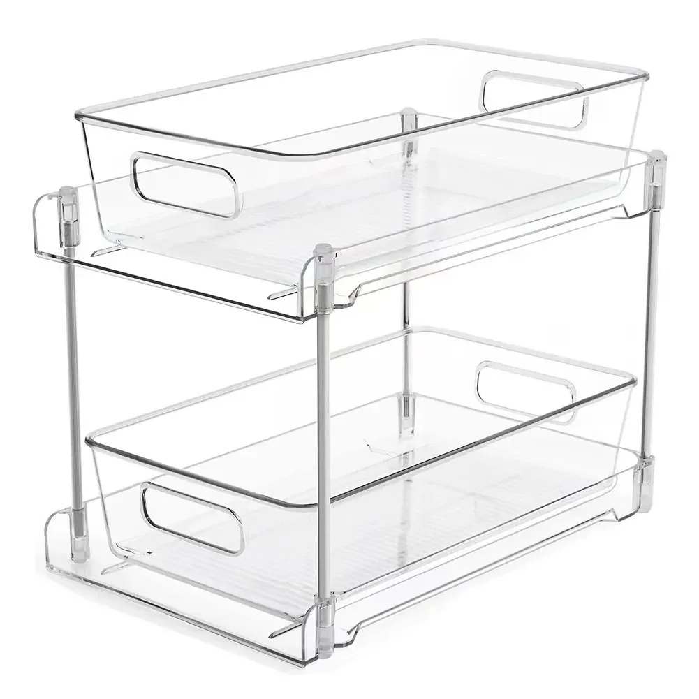 Under Sink Closet Organizer Multipurpose 2 Tier Clear Storage Drawers Rectangle Space Saving for Kitchen Pantry Office Desktop