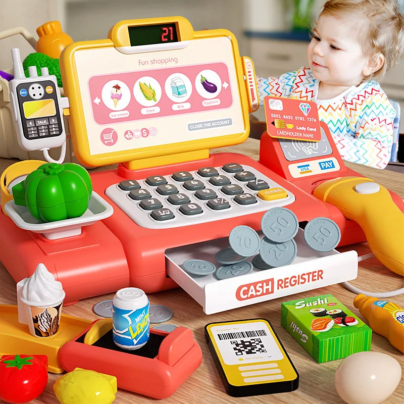 Kids Supermarket Cash Register Toys Smart Scanner Pretend Play Electronic Sound Light Educational Role Play Set Birthday Gifts