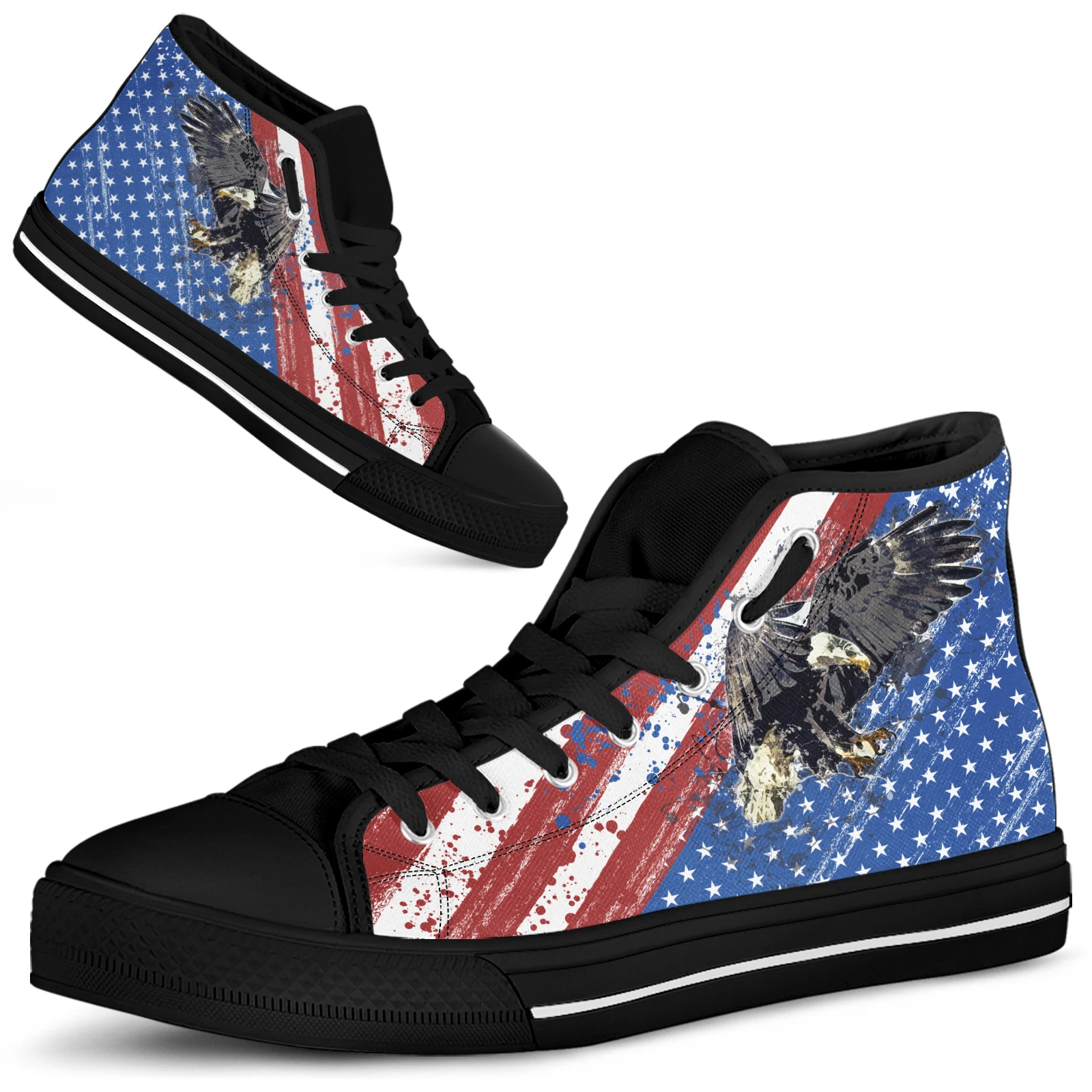 ELVISWORDS Black Men's Canvas Sneakers American Flag Eagles Designer Shoes Comfort Lace Up Basketball Shoes Outdoor Shoes