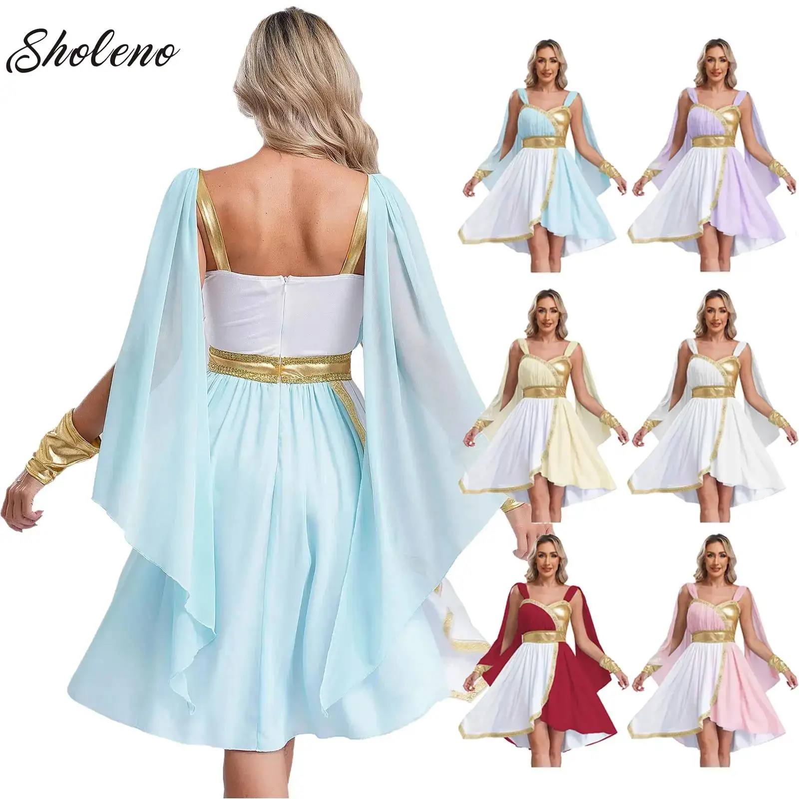 

Women Ancient Greek Queen Athena Goddesses Cosplay Costume Chiffon Sleeveless Dress for Halloween Dance Party Performance Photo