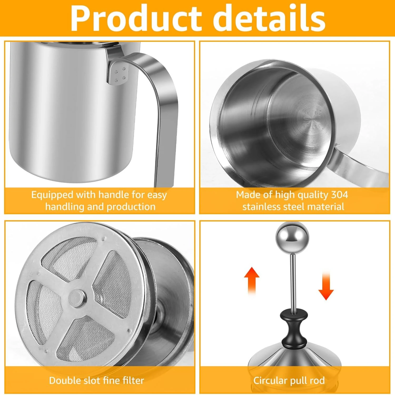 رغوة الحليب اليدوية 400 مللي 304 رغوة الحليب غير القابل للصدأ مع غطاء مقبض شبكة مزدوجة كابتشينو بارد رغوة الحليب مقشدة للقهوة