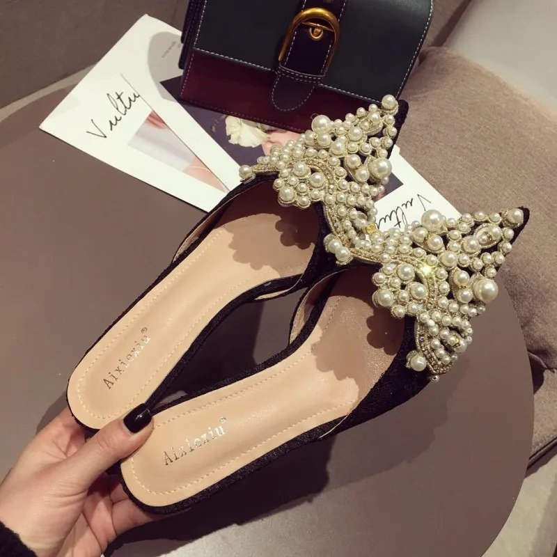 Large Pearl Women Shoe Autumn Lace Rhinestone Mid Heel Half Slipper Sandals Fashion Muller Shoes Casual Versatile Single Shoes