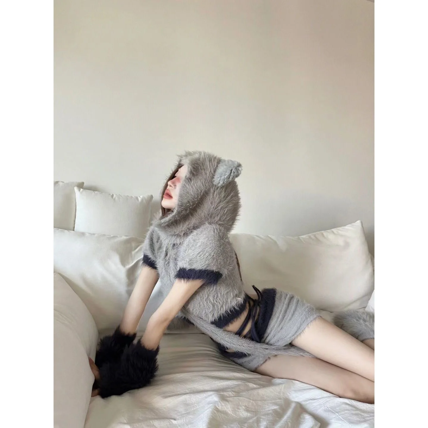 Pure Lust Hot Girl Grey Fashion Set Women's Fury Cat Ear Hooded Knitted Color Block Half Skirt Two Piece Set