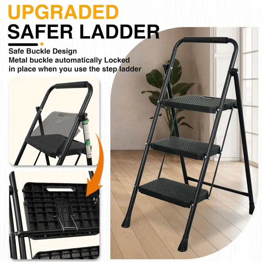 سلم متدرج، مقعد محمول قابل للطي من الفولاذ مع دواسة واسعة مضادة للانزلاق ومقبض مريح، سلم فولاذي قوي بوزن 500 رطل، Bla #2