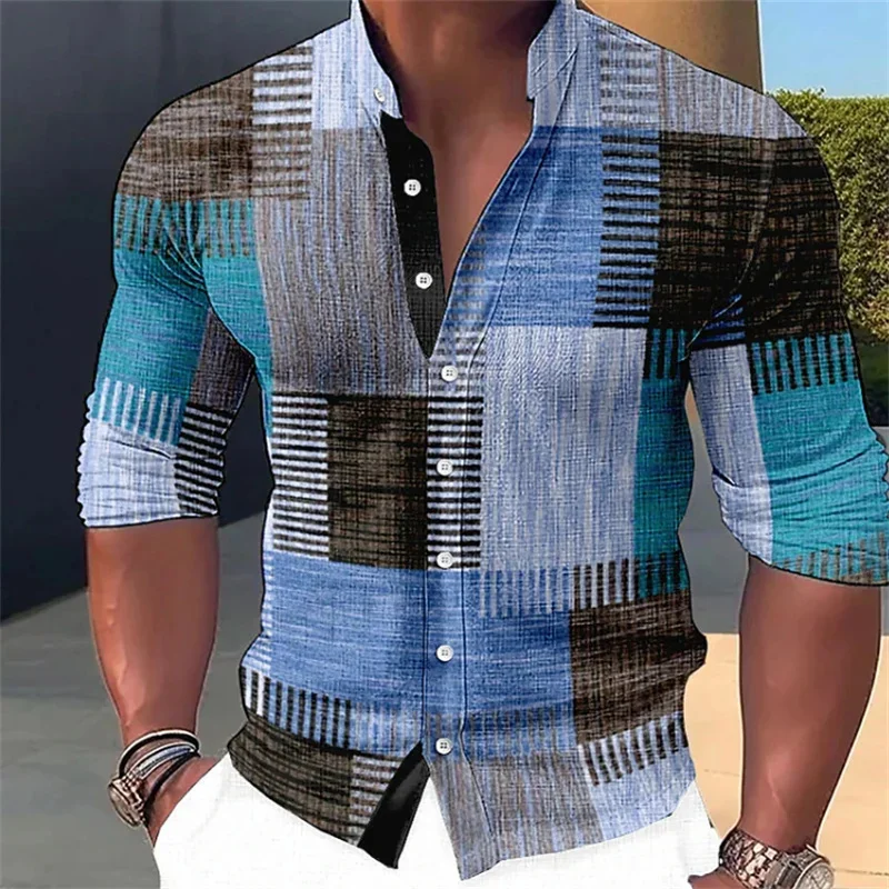 Men's shirt pattern shirt plus size street daily long sleeved V-neck buckle fashion designer casual, comfortable and breathable