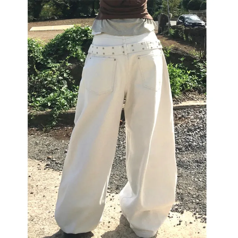 Retro Stud Rivet Wide Leg Loose Jeans High Waist Casual Style Decorative Stitching Cotton 100% Spring Summer Autumn Winter