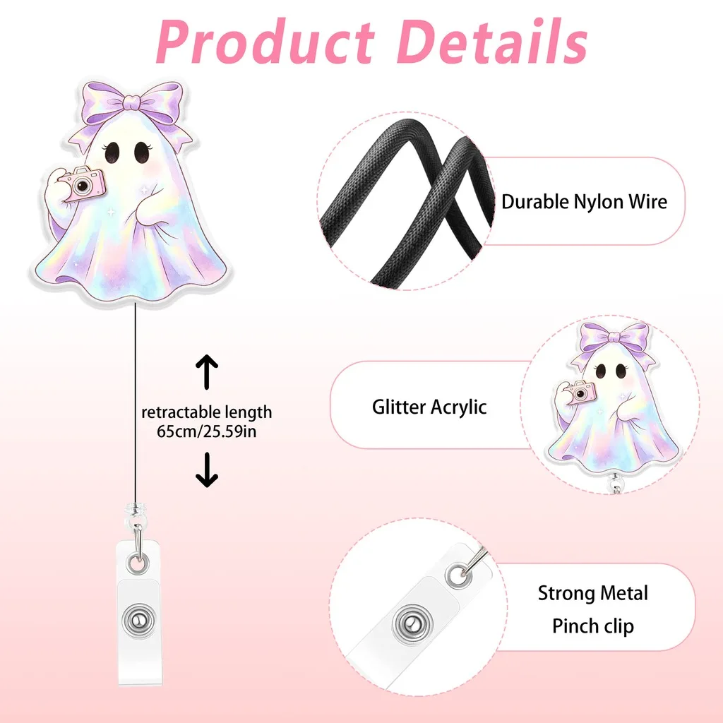 Halloween Retractable Badge Reel Glitter Gradient Ghost Decorative Id Holder With 360 Rotating Clip For Office Medical Staff