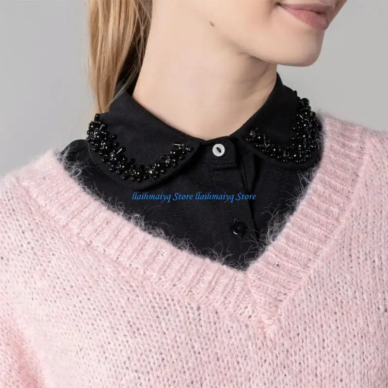 573B Detachable Collar Half Shirt Blouse Korean Inspired Faux Pearls and Bead Embellished Comfortable False Collar for Women