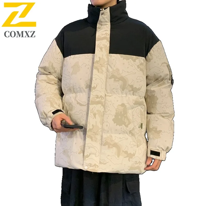COMXZ Men Large Size Stand Collar Puffer Jacket Warm Loose Fit Camouflage Patchwork Cotton-Padded Coat Warm tactics windbreaker